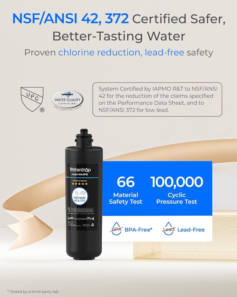 Waterdrop خرطوشة فلتر استبدال RF10 لنظام فلتر المياه تحت الحوض 10UA/10UB، يقلل من PFAS، PFOA/PFOS، الرصاص، الكلور، الطعم السيئ والرائحة، معتمد من NSF/ANSI 42، سعة عالية 11K جالون، عبوة 2 - Image 4