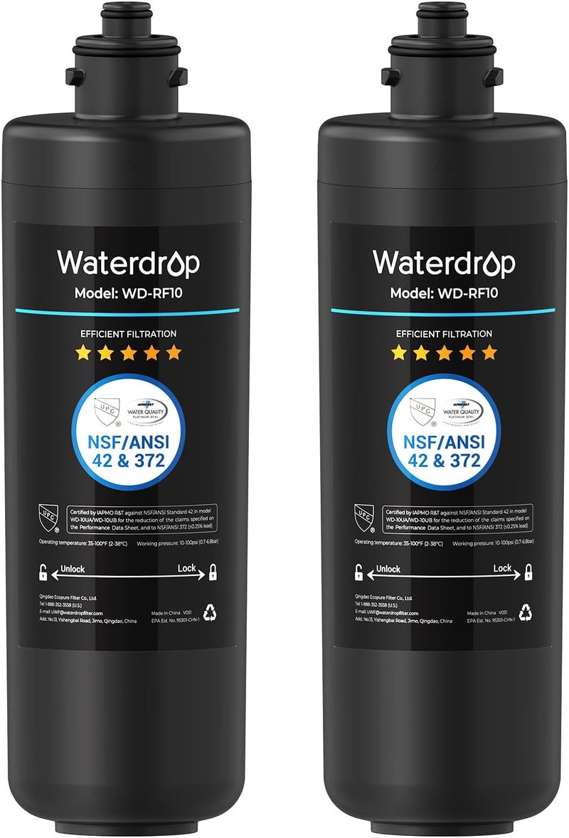 Waterdrop خرطوشة فلتر استبدال RF10 لنظام فلتر المياه تحت الحوض 10UA/10UB، يقلل من PFAS، PFOA/PFOS، الرصاص، الكلور، الطعم السيئ والرائحة، معتمد من NSF/ANSI 42، سعة عالية 11K جالون، عبوة 2 - Image 1