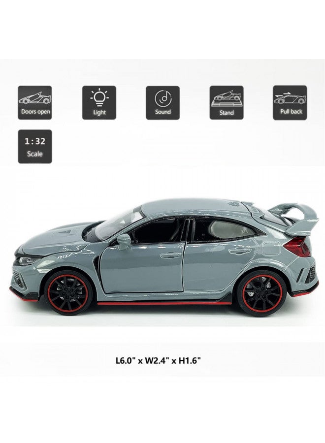Metanyl Civic Type R Toy Car Hatchback Sports Diecast Model Car 1/32 Scale Metal Pull Back Vehicles, Doors Open Light Sound, Toys for Boys Kids Birthday Gifts Mens Collection, Cement Grey - Image 1