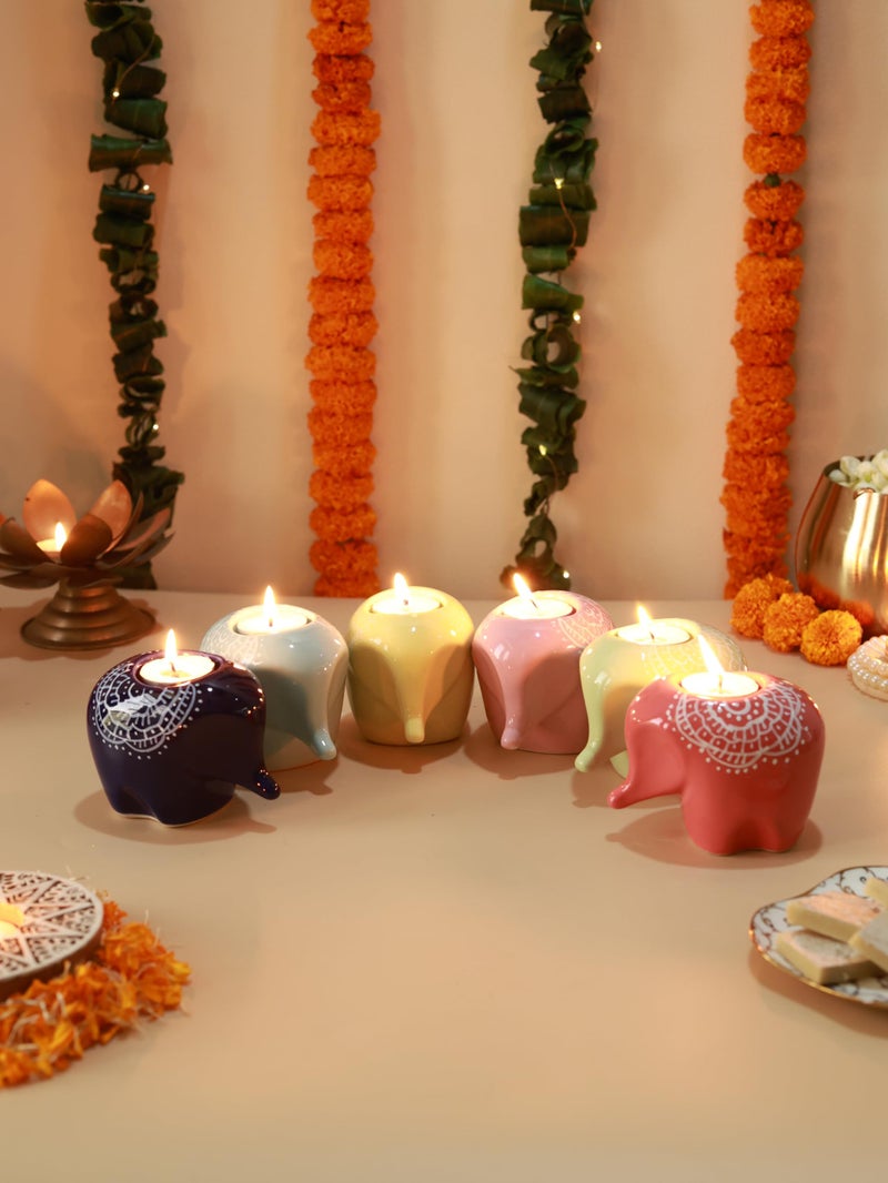 Craftribal's Elephant Shaped Ceramic Table Tea-Light Holder-Votive Tealight Holder for Dining Table Candle Stand for Home Decoration Candle Holders for Home Items in Living Room(Mulitoclor,Set of 6) - Image 1