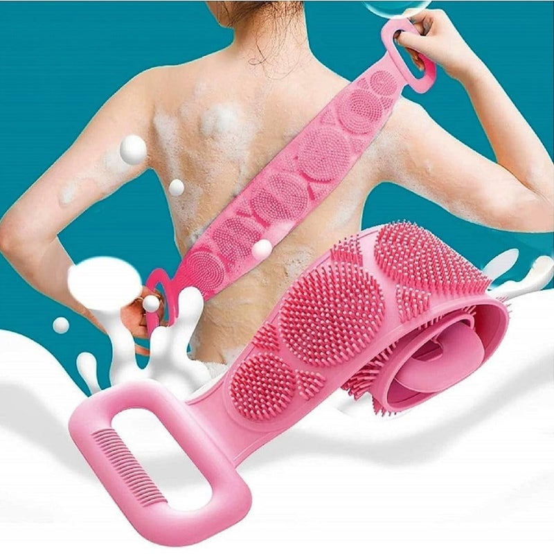 Silicone Body Back Scrubber Double Side Bathing Brush for Skin Deep Cleaning Massage Dead Skin Removal Exfoliating Belt for Shower Easy to Clean BODY BACK BELT SCRUBBER Pink - Image 1