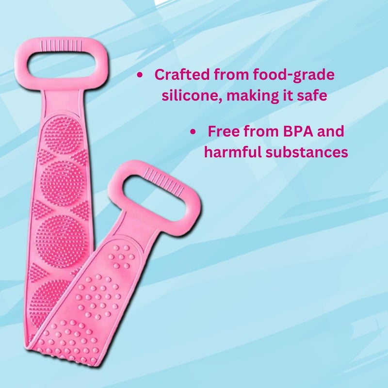 Silicone Body Back Scrubber Double Side Bathing Brush for Skin Deep Cleaning Massage Dead Skin Removal Exfoliating Belt for Shower Easy to Clean BODY BACK BELT SCRUBBER Pink - Image 2