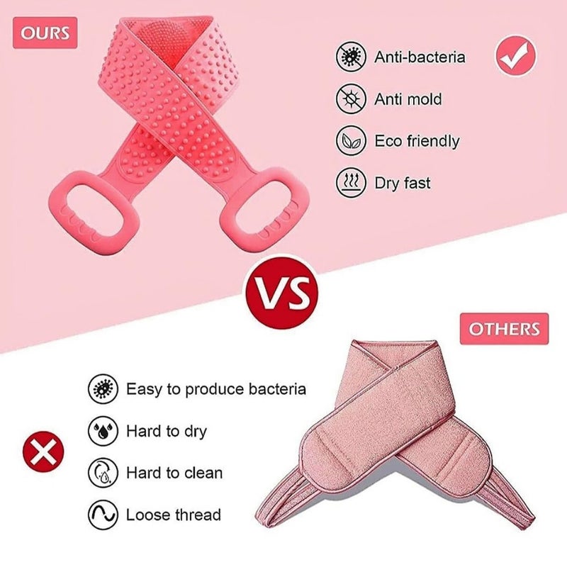 Silicone Body Back Scrubber Double Side Bathing Brush for Skin Deep Cleaning Massage Dead Skin Removal Exfoliating Belt for Shower Easy to Clean BODY BACK BELT SCRUBBER Pink - Image 5