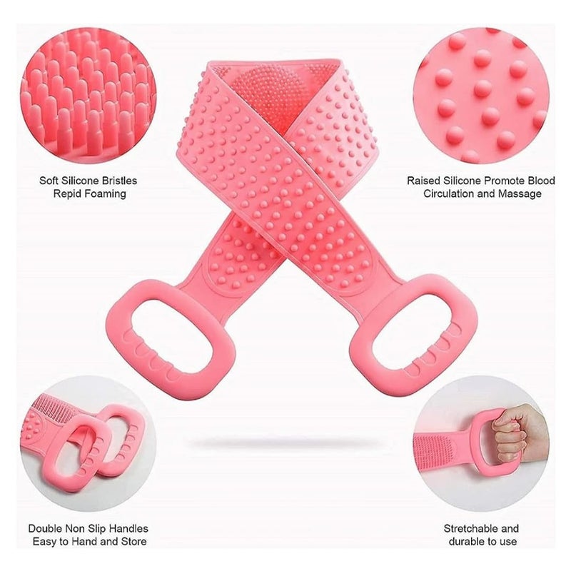 Silicone Body Back Scrubber Double Side Bathing Brush for Skin Deep Cleaning Massage Dead Skin Removal Exfoliating Belt for Shower Easy to Clean BODY BACK BELT SCRUBBER Pink - Image 3