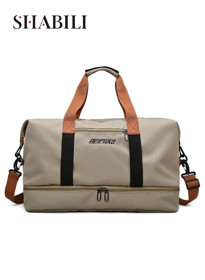 Women Nylon Sports Bag, Tourist Shoulder Crossbody Handbag Trolley Bag, Ladies Large-Capacity Multi-pocket Durable Waterproof Dry-Wet Separation Pocket, for Youth Casual Travel Daily Use (Beige)