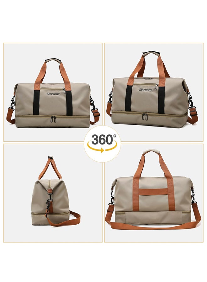 SHABILI Women Nylon Sports Bag, Tourist Shoulder Crossbody Handbag Trolley Bag, Ladies Large-Capacity Multi-pocket Durable Waterproof Dry-Wet Separation Pocket, for Youth Casual Travel Daily Use (Beige) - Image 5