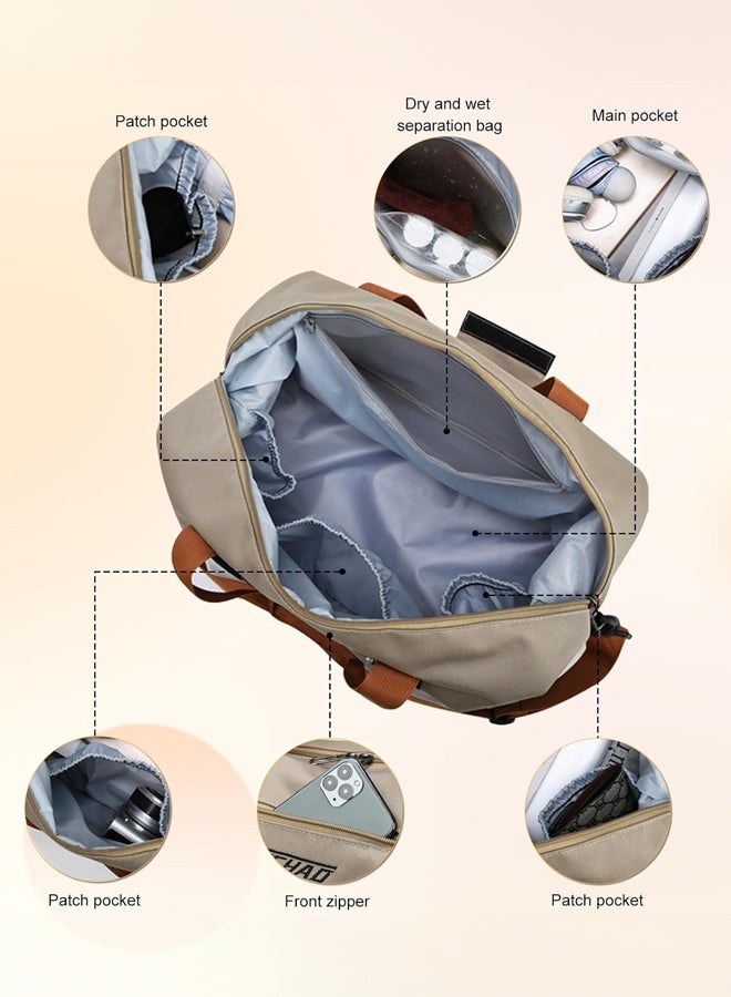 SHABILI Women Nylon Sports Bag, Tourist Shoulder Crossbody Handbag Trolley Bag, Ladies Large-Capacity Multi-pocket Durable Waterproof Dry-Wet Separation Pocket, for Youth Casual Travel Daily Use (Beige) - Image 2