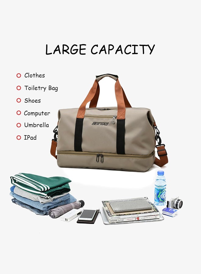 SHABILI Women Nylon Sports Bag, Tourist Shoulder Crossbody Handbag Trolley Bag, Ladies Large-Capacity Multi-pocket Durable Waterproof Dry-Wet Separation Pocket, for Youth Casual Travel Daily Use (Beige) - Image 3