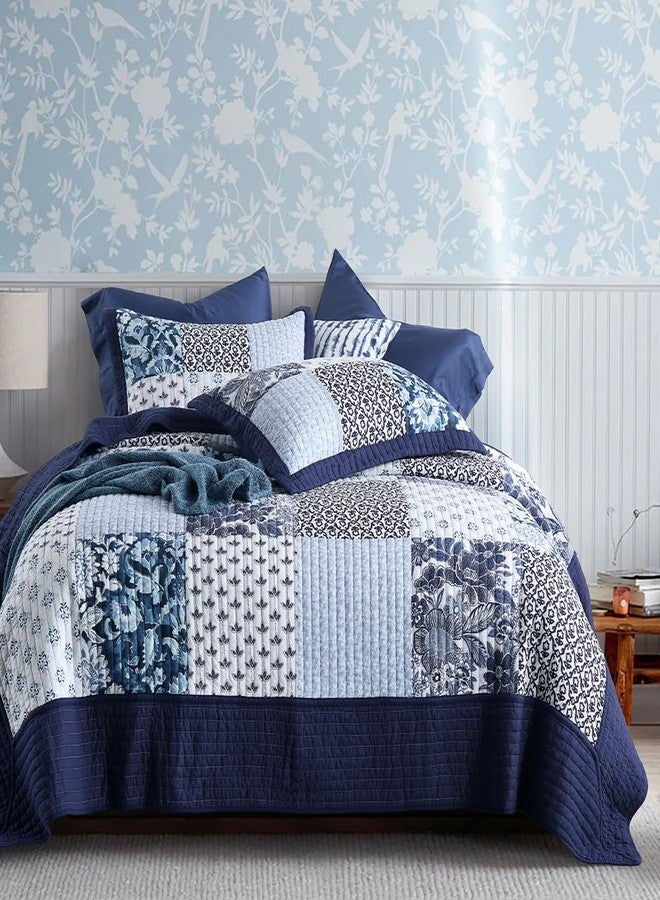 ENASAL Cotton Bedspread Quilt Sets Reversible Bedding Coverlet Sets Luxury Blue White Floral Real Patchwork Bedspread, Queen Size - Image 1