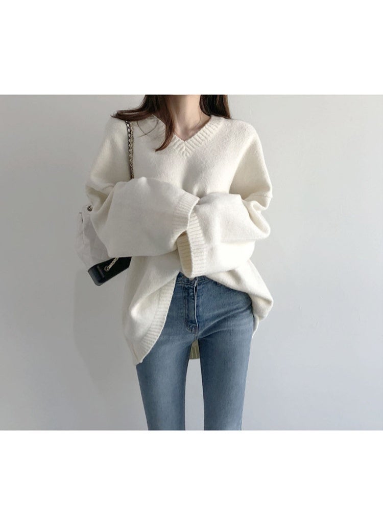 NIBEMINENT Loose V-neck Sweater Women Autumn Winter Korean Office Lady Solid Color Knitwear Simplicity All-match Knitting Tops - Image 3