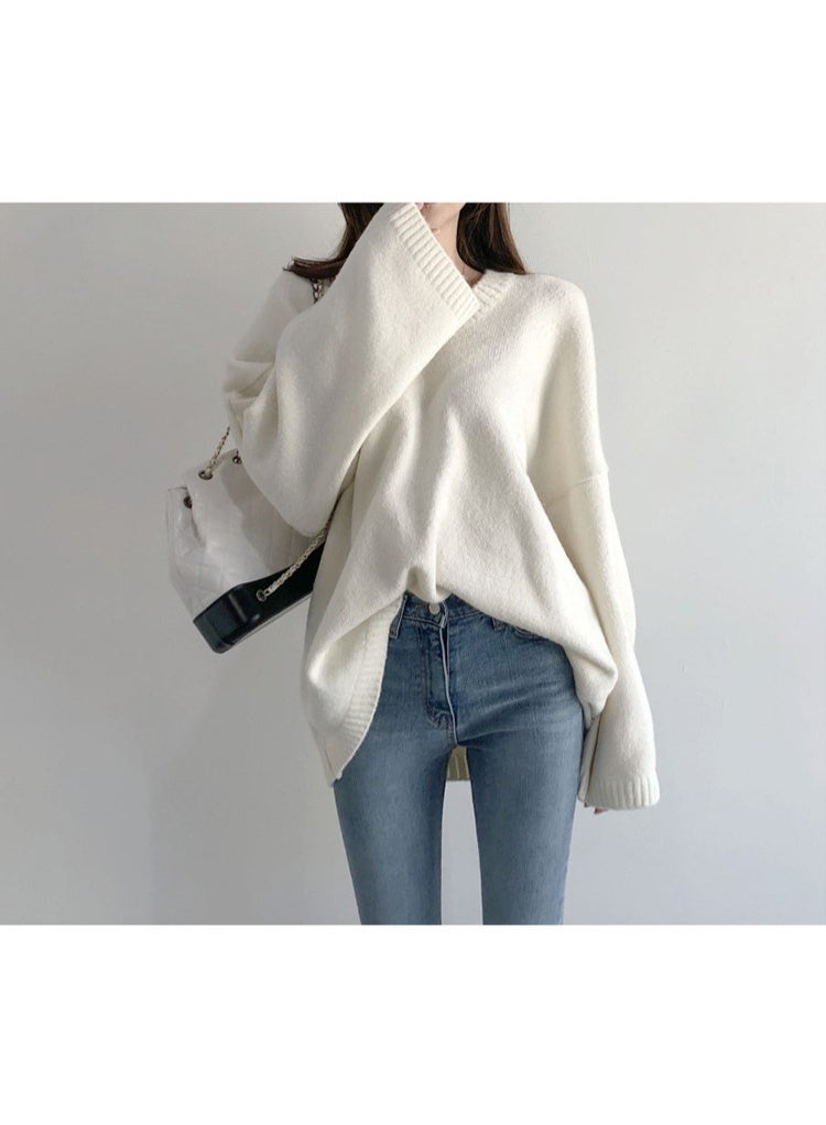NIBEMINENT Loose V-neck Sweater Women Autumn Winter Korean Office Lady Solid Color Knitwear Simplicity All-match Knitting Tops - Image 2