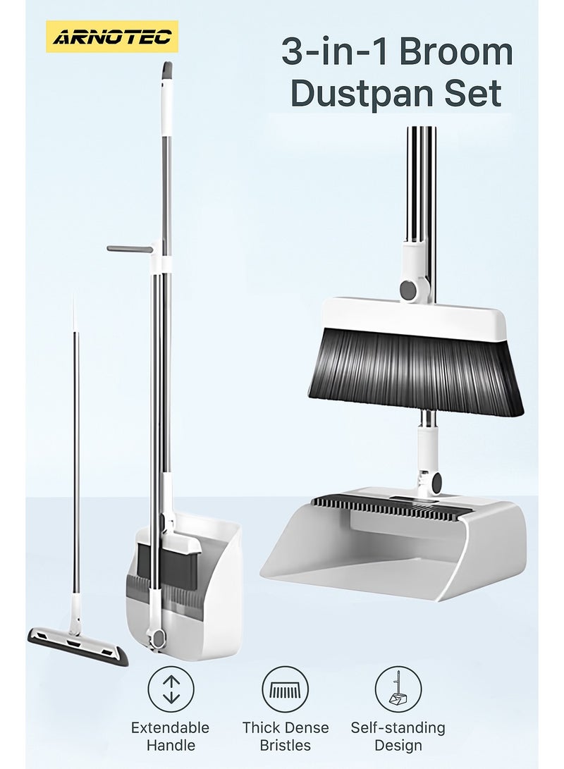 ARNOTEC Broom and Dustpan Set with Squeegee | 180° Rotating Head, Upright Storage, Clip-On Design, Dense Soft Bristles | Ideal for Home and Office Cleaning (White) - Image 1