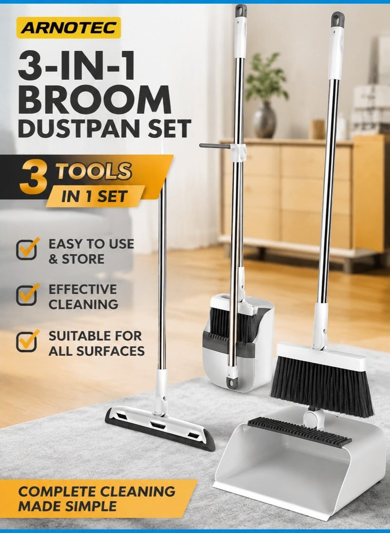 ARNOTEC Broom and Dustpan Set with Squeegee | 180° Rotating Head, Upright Storage, Clip-On Design, Dense Soft Bristles | Ideal for Home and Office Cleaning (White) - Image 1