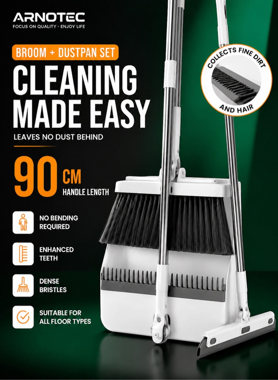 Broom and Dustpan Set with Squeegee | 180° Rotating Head, Upright Storage, Clip-On Design, Dense Soft Bristles | Ideal for Home and Office Cleaning (White)