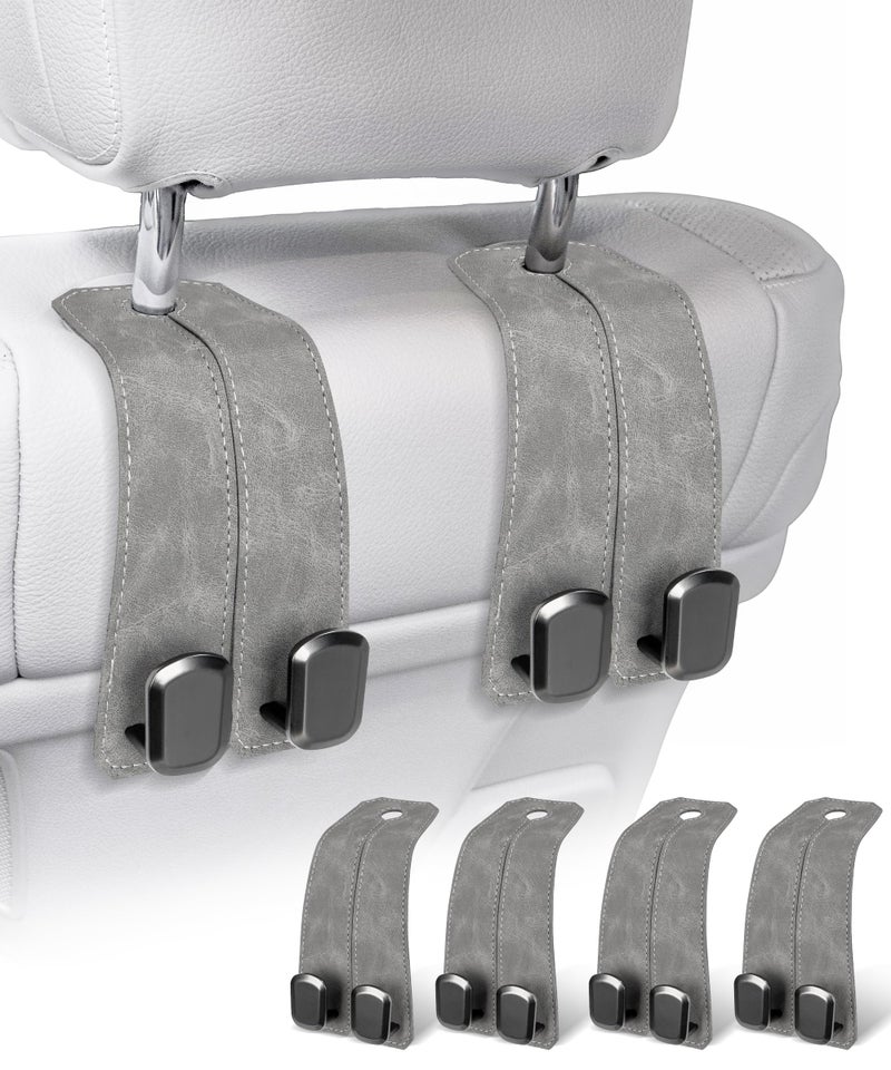 VETERBONE Car Purse Holder Luxurious Leather 4PCS Headrest Hooks with 100 Metal Hangers for Seat Multifunctional Car Bag Hooks Grey - Image 2