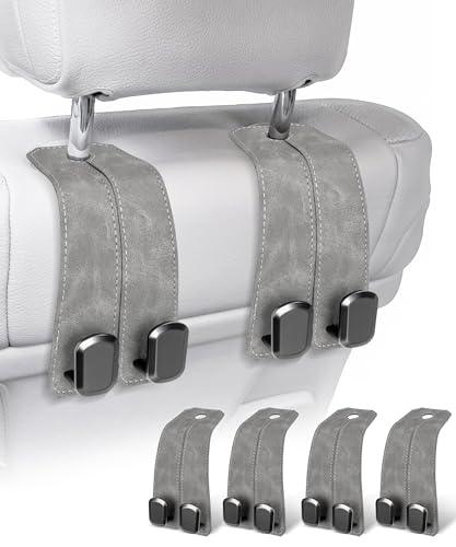 VETERBONE Car Purse Holder Luxurious Leather 4PCS Headrest Hooks with 100 Metal Hangers for Seat Multifunctional Car Bag Hooks Grey - Image 1