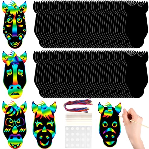 Hungdao 80 Pcs Horse Craft Horse Face Scratch Cards Colorful Rainbow Western Cowboy Scratch Paper Art with Wooden Stylus for DIY Western Theme Birthday PartyActivities - Image 1