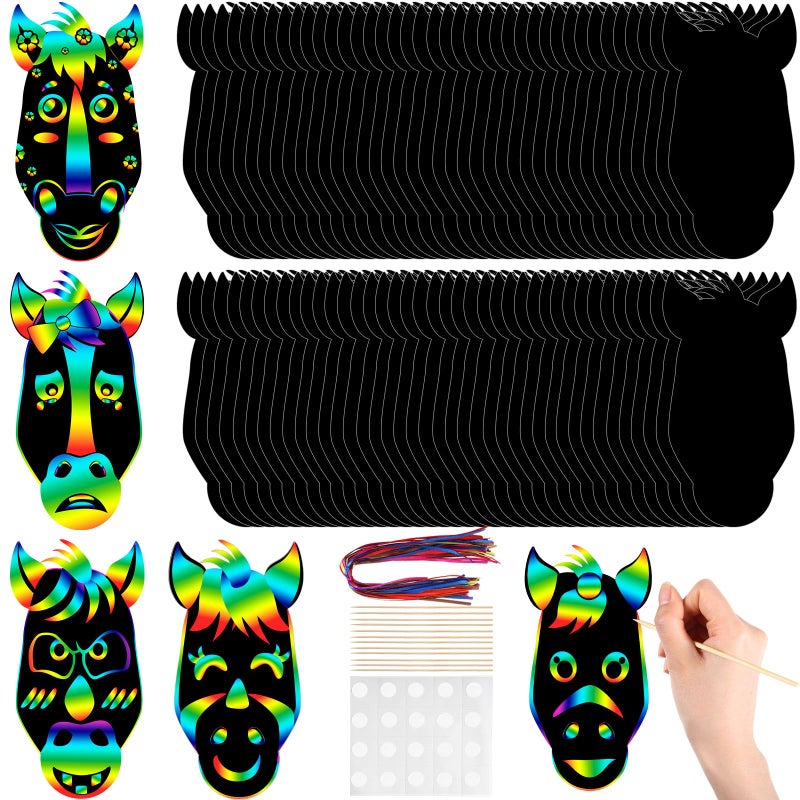 Hungdao 80 Pcs Horse Craft Horse Face Scratch Cards Colorful Rainbow Western Cowboy Scratch Paper Art with Wooden Stylus for DIY Western Theme Birthday PartyActivities - Image 3