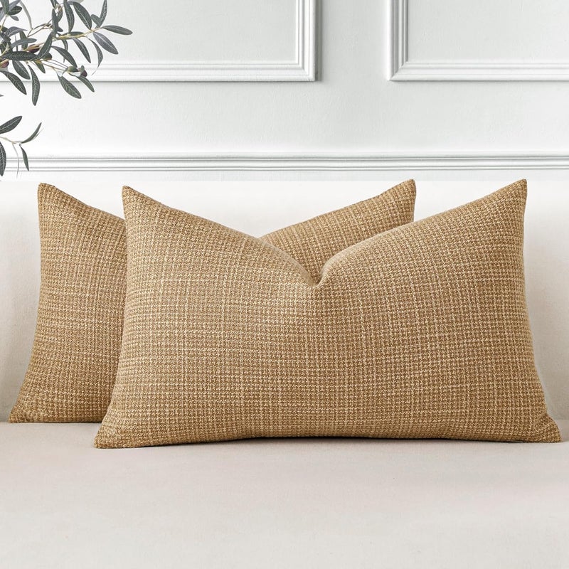 Otostar Pack of 2 Throw Pillow Covers 12x20 Inch Linen Light Brown Pillowcases Farmhouse Decorative Solid Pillow Covers 30x50 cm Lumbar Cushion Case for Home Decor Sofa Couch Bed (Light Brown) - Image 1