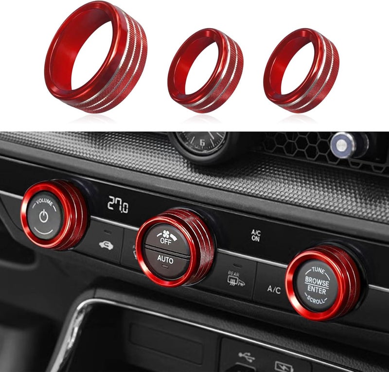 RGOAANC 3PCS Air Conditioner Switch Button Knob Cover, Aluminum Alloy Trim Ring, Trailer Gear Switch Compatible With Dodge Challenger Durango 2015-2022 (Red) - Image 1