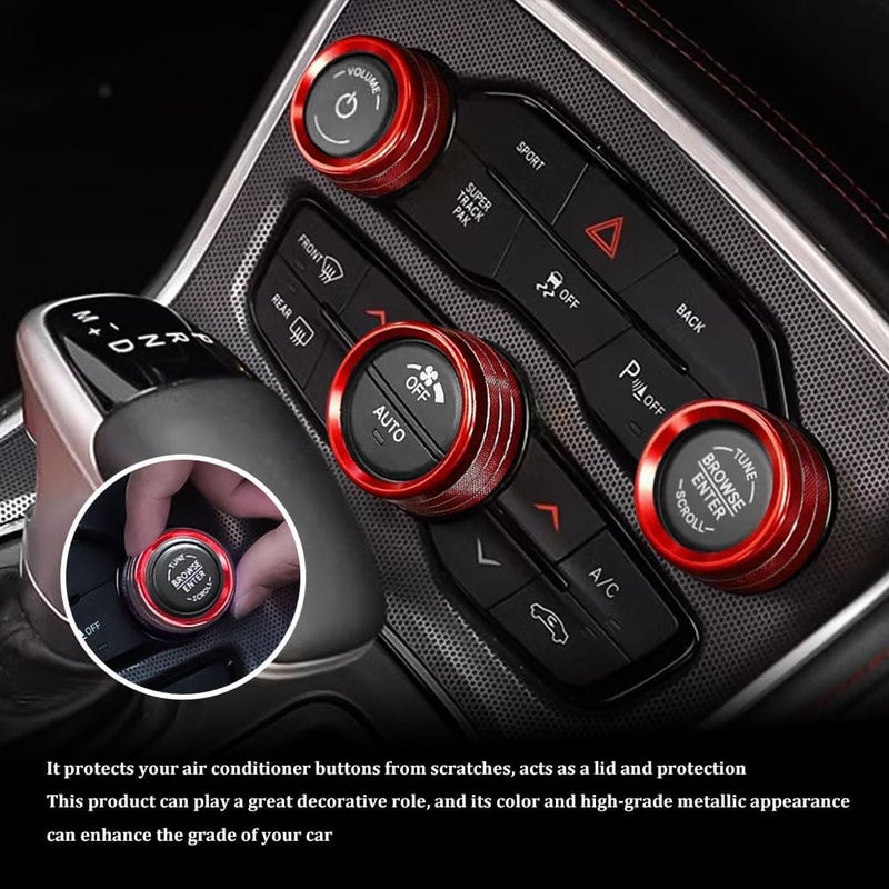 RGOAANC 3PCS Air Conditioner Switch Button Knob Cover, Aluminum Alloy Trim Ring, Trailer Gear Switch Compatible With Dodge Challenger Durango 2015-2022 (Red) - Image 3
