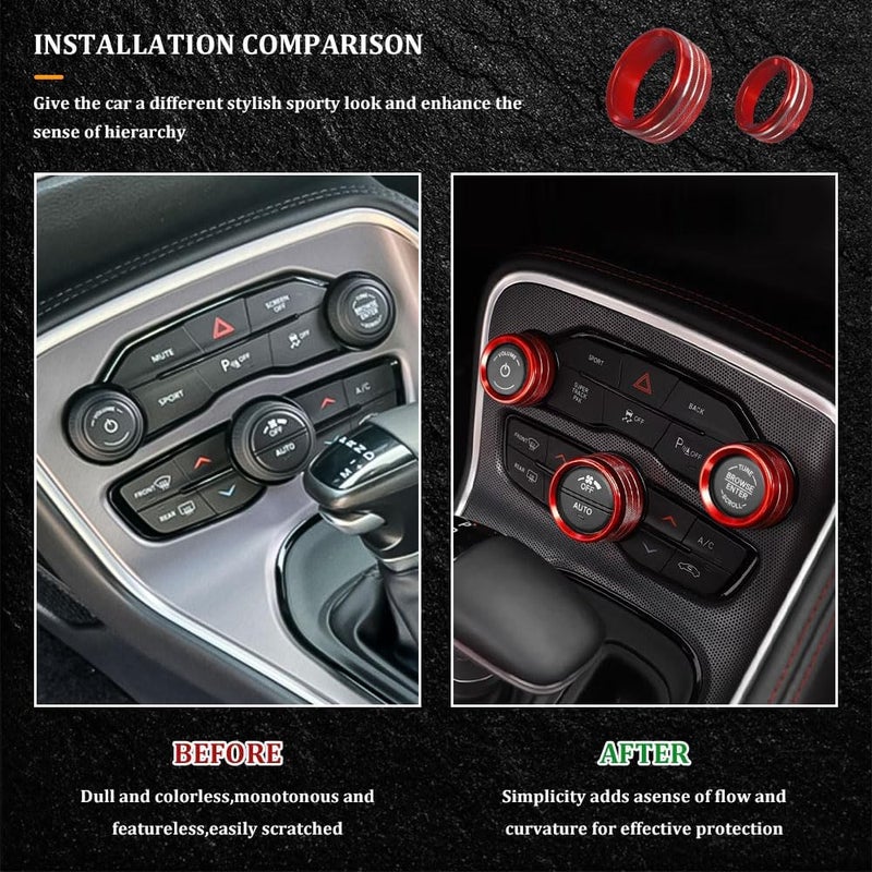 RGOAANC 3PCS Air Conditioner Switch Button Knob Cover, Aluminum Alloy Trim Ring, Trailer Gear Switch Compatible With Dodge Challenger Durango 2015-2022 (Red) - Image 5