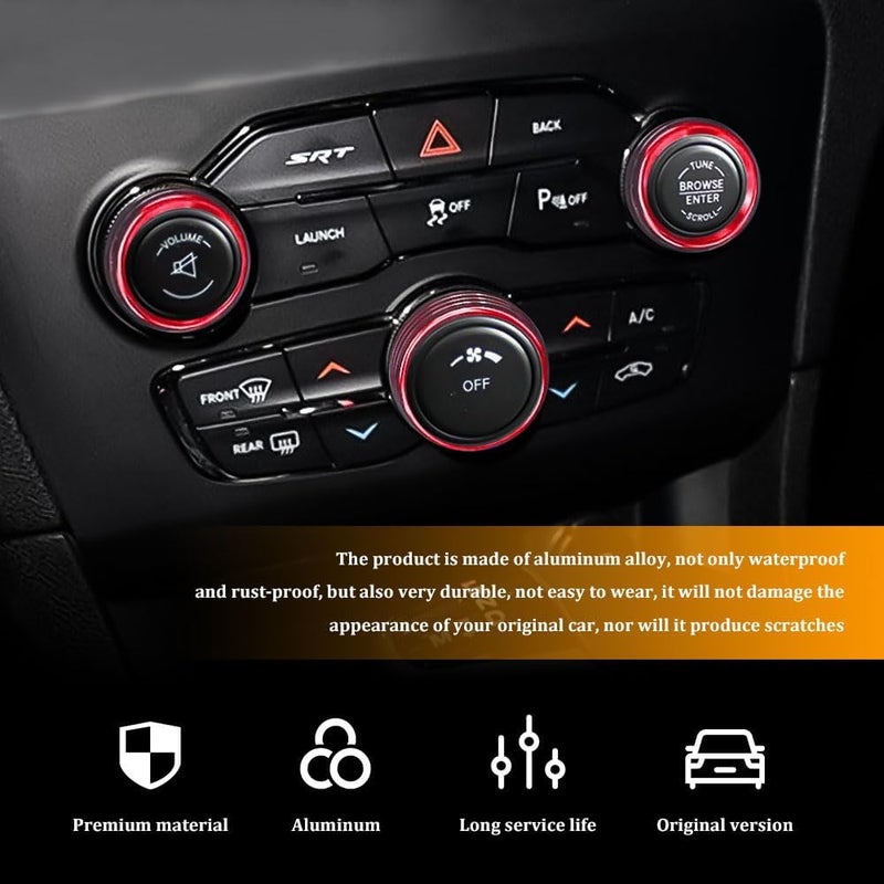 RGOAANC 3PCS Air Conditioner Switch Button Knob Cover, Aluminum Alloy Trim Ring, Trailer Gear Switch Compatible With Dodge Challenger Durango 2015-2022 (Red) - Image 4