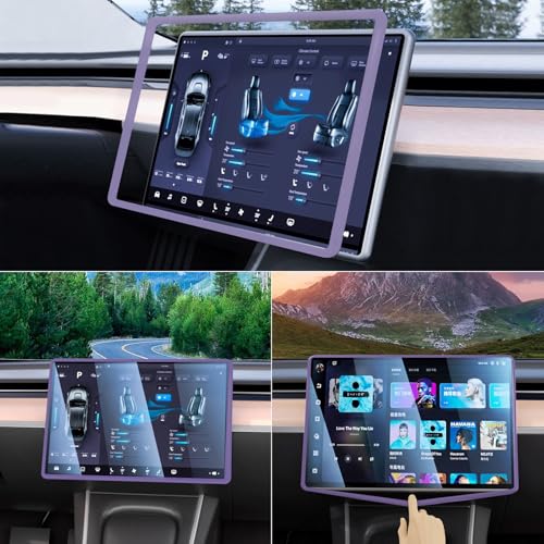 TSTESE 2PCS Protector Trim Frame Compatible with Tesla Model 3 Y 2020-2024 2025 2026 Screen Edge Frame Rearview Mirror Cover Interior Decorations Center Console Decor Highland Juniper Accessories (Purple) - Image 3