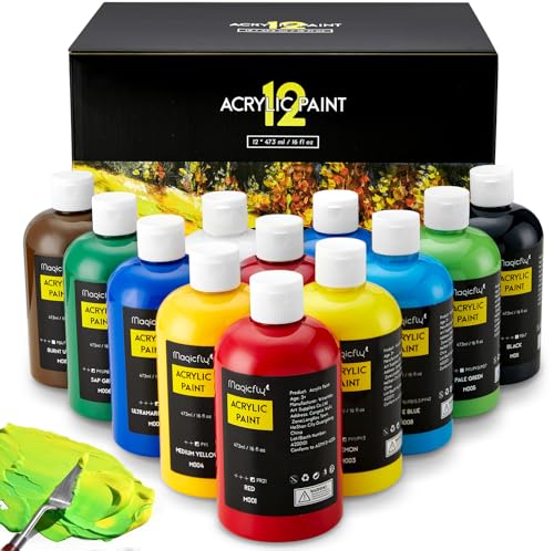 Magicfly Acrylic Paint 12 Colours473ml Large Bottles Acrylic Paint Set Rich Pigment Colours for Artists Beginners Amateurs on Glass Stone Canvas Wood Craft - Image 1