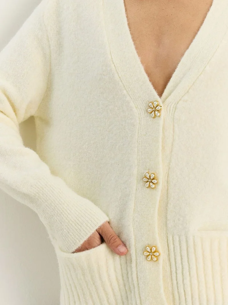 Bianco Lucci Beige Natural LUCCI Button Detailed V-Neck Cardigan for Women | Best Price UAE