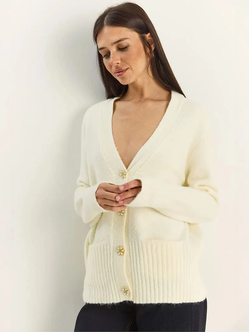 Bianco Lucci Beige Natural LUCCI Button Detailed V-Neck Cardigan for Women | Best Price UAE