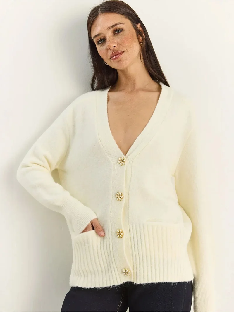 Bianco Lucci Beige Natural LUCCI Button Detailed V-Neck Cardigan for Women | Best Price UAE