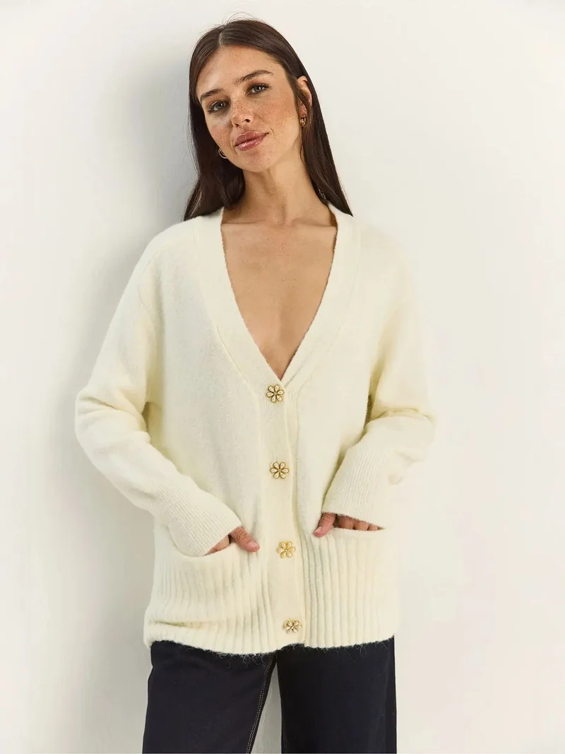 Bianco Lucci Beige Natural LUCCI Button Detailed V-Neck Cardigan for Women | Best Price UAE