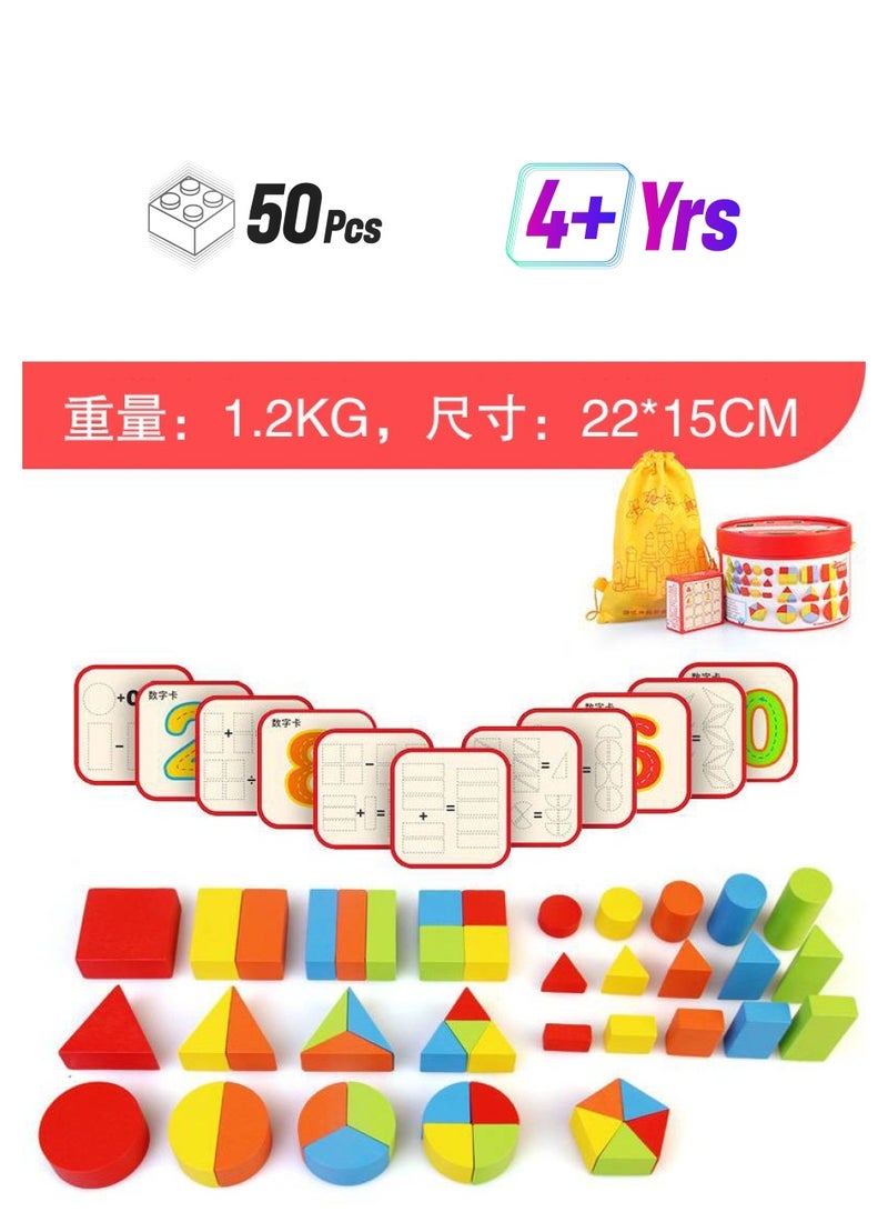 Educational Wooden Blocks for Kids 50 Geometric Building Blocks Storage Bag Storage Bucket 