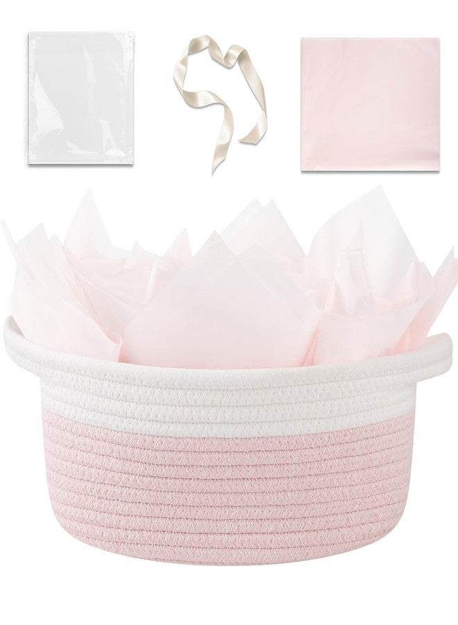 OIAHOMY Gift Basket Empty with Handle, 12"x 8"x 5" Small Woven Basket with Gift Bag, Ribbon and Wrap Tissue Paper, Dog Toy Storage for Organizing - Pink & White - Image 1