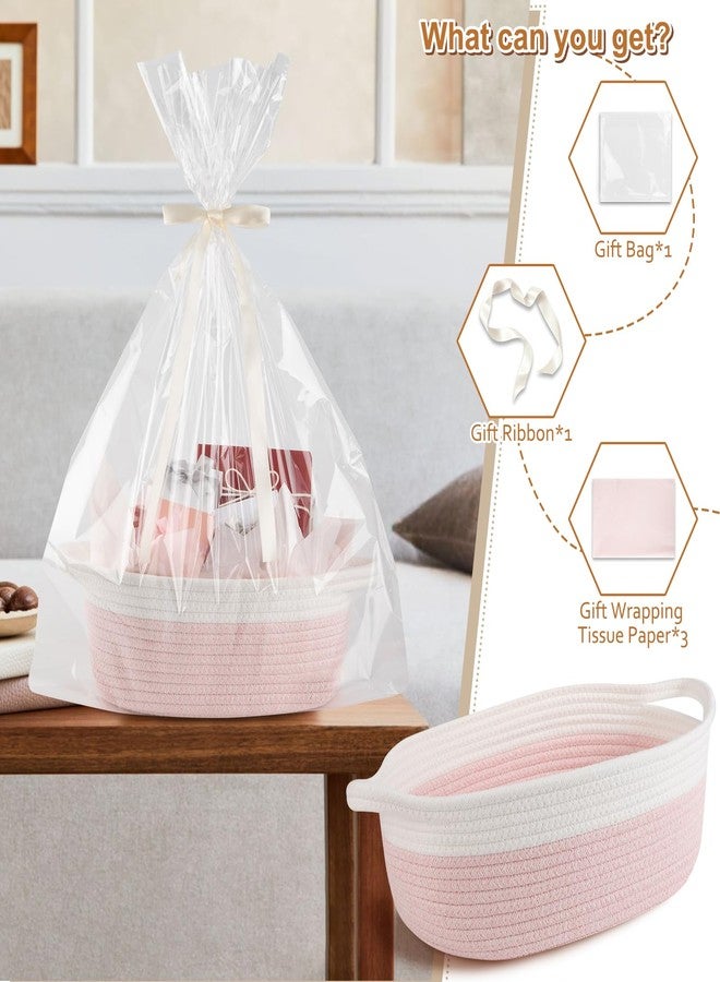 OIAHOMY Gift Basket Empty with Handle, 12"x 8"x 5" Small Woven Basket with Gift Bag, Ribbon and Wrap Tissue Paper, Dog Toy Storage for Organizing - Pink & White - Image 2
