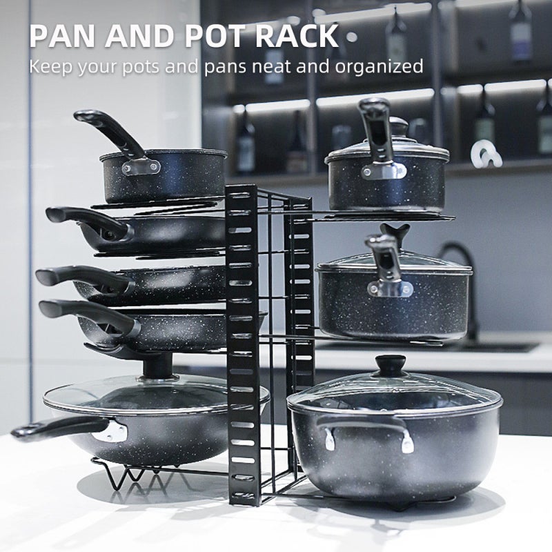 ikayaa Pot Rack: 8 Tier Black Metal Rack - 3 DIY Assembly Methods Adjustable Shelves Multipurpose Rack for Kitchen Storage - Image 2