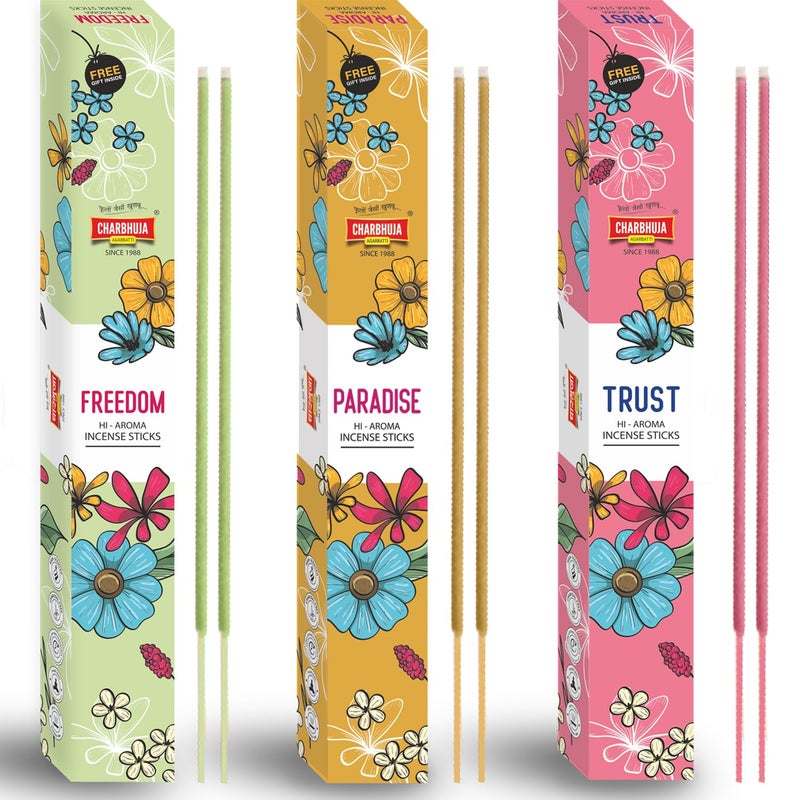 CHARBHUJA CHARBHUJA Ultra Premium Glitter Incense Stick 300g100g3 CharCoal Free 175 Sticks Match Box Best For Home Fragrances Pooja Stress Reducer Pleasing Incenses Freedom Paradise Trust Box  - Image 1
