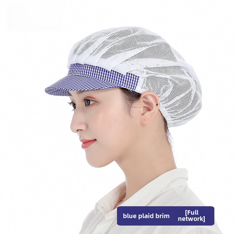 Breathable Chef Cap Dustproof Kitchen Work Hat for WomenBlue Grid Brim [Full Net]] Blue Grid Brim [Full Net]] 
