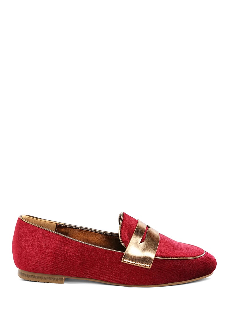 London Rag Penny Strap Velvet Loafers in Burgundy  - Image 1