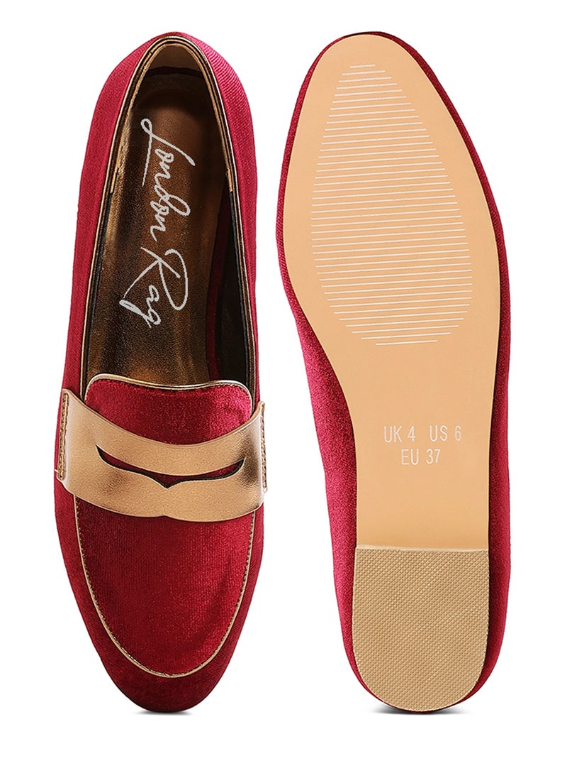 London Rag Penny Strap Velvet Loafers in Burgundy  - Image 4