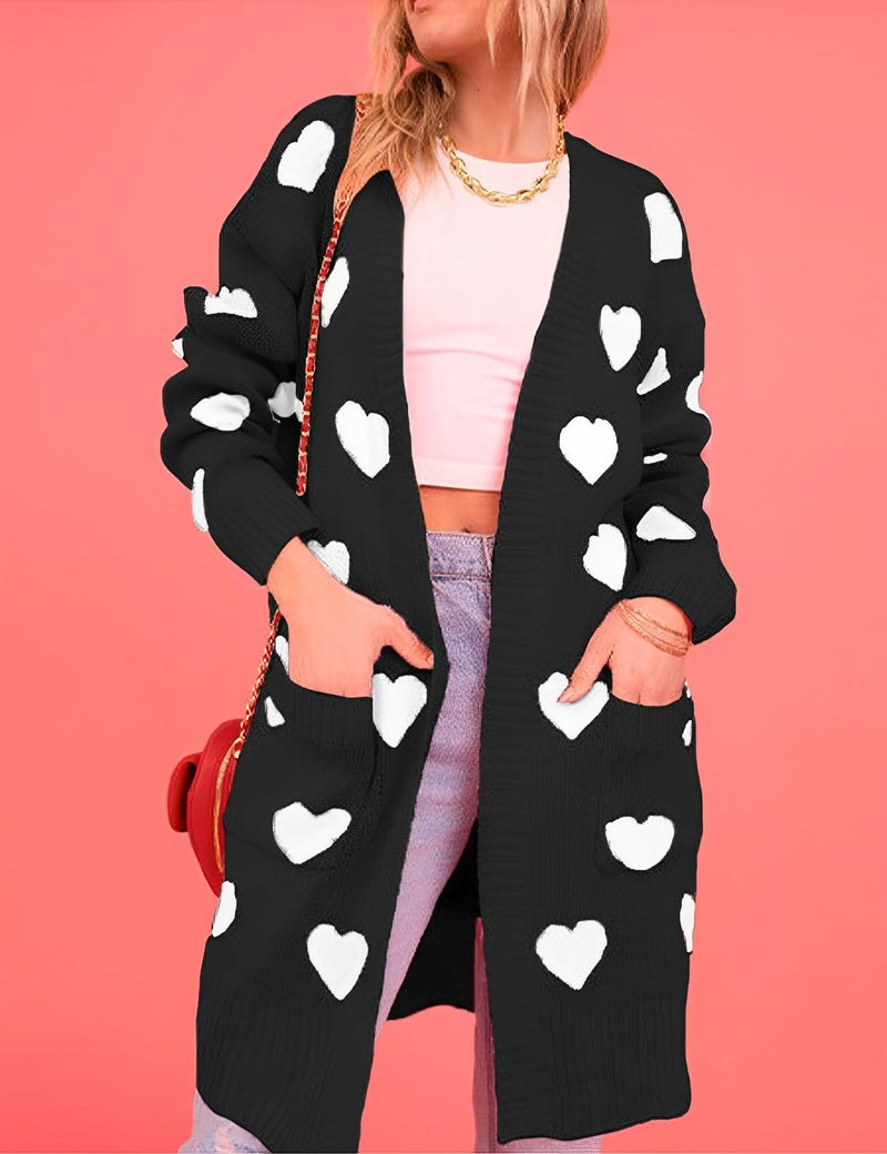 Yimoon Women Valentines Cardigan Sweater Love Heart Open Front Long Cardigan Oversized Chunky Knit Sweaters (Black-M) - Image 2