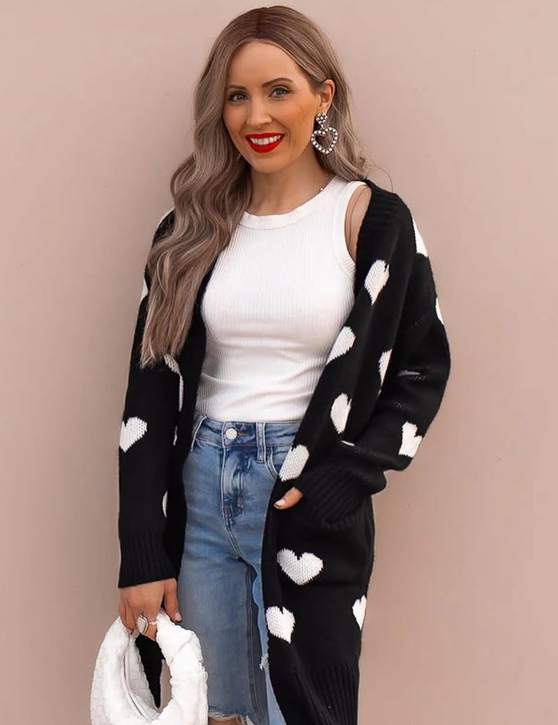 Yimoon Women Valentines Cardigan Sweater Love Heart Open Front Long Cardigan Oversized Chunky Knit Sweaters (Black-M) - Image 3