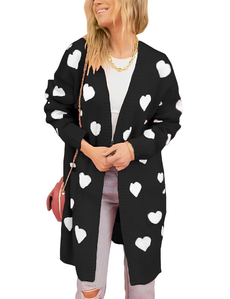 Yimoon Women Valentines Cardigan Sweater Love Heart Open Front Long Cardigan Oversized Chunky Knit Sweaters (Black-M) - Image 1