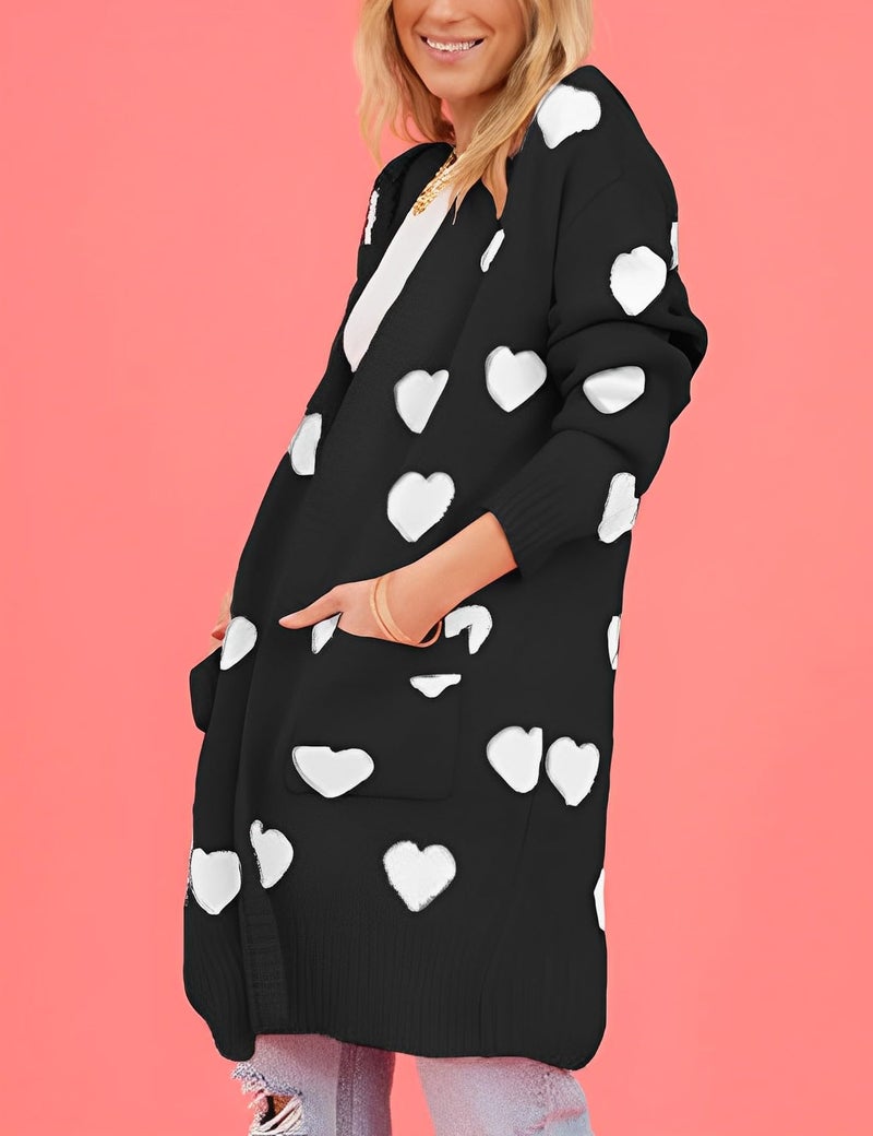 Yimoon Women Valentines Cardigan Sweater Love Heart Open Front Long Cardigan Oversized Chunky Knit Sweaters (Black-M) - Image 4