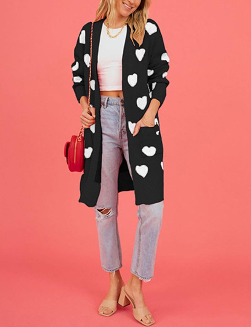 Yimoon Women Valentines Cardigan Sweater Love Heart Open Front Long Cardigan Oversized Chunky Knit Sweaters (Black-M) - Image 5