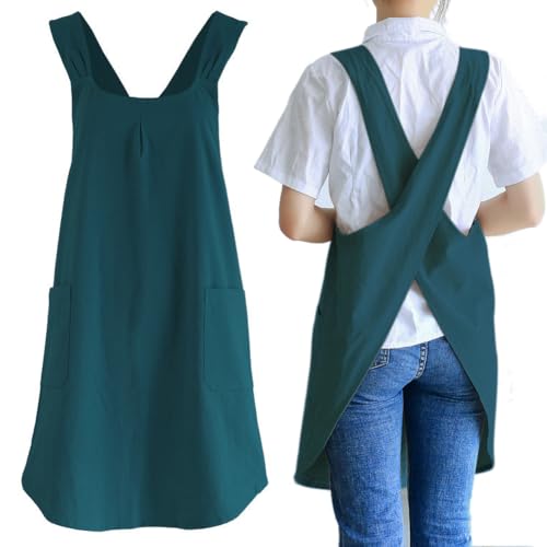NEWGEM Japanese Cotton Cross Back Kitchen Cooking Aprons for Women with Pockets Cute for Baking Painting Gardening Cleaning Dark Green - Image 1