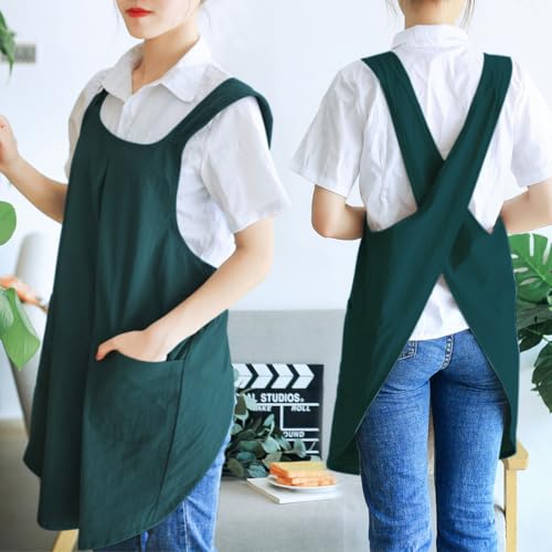 NEWGEM Japanese Cotton Cross Back Kitchen Cooking Aprons for Women with Pockets Cute for Baking Painting Gardening Cleaning Dark Green - Image 3
