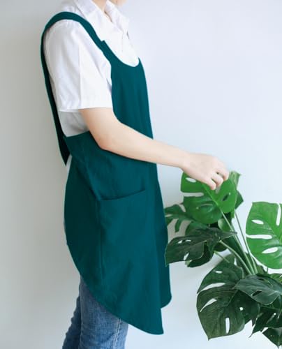 NEWGEM Japanese Cotton Cross Back Kitchen Cooking Aprons for Women with Pockets Cute for Baking Painting Gardening Cleaning Dark Green - Image 4