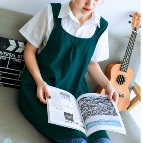 NEWGEM Japanese Cotton Cross Back Kitchen Cooking Aprons for Women with Pockets Cute for Baking Painting Gardening Cleaning Dark Green - Image 2